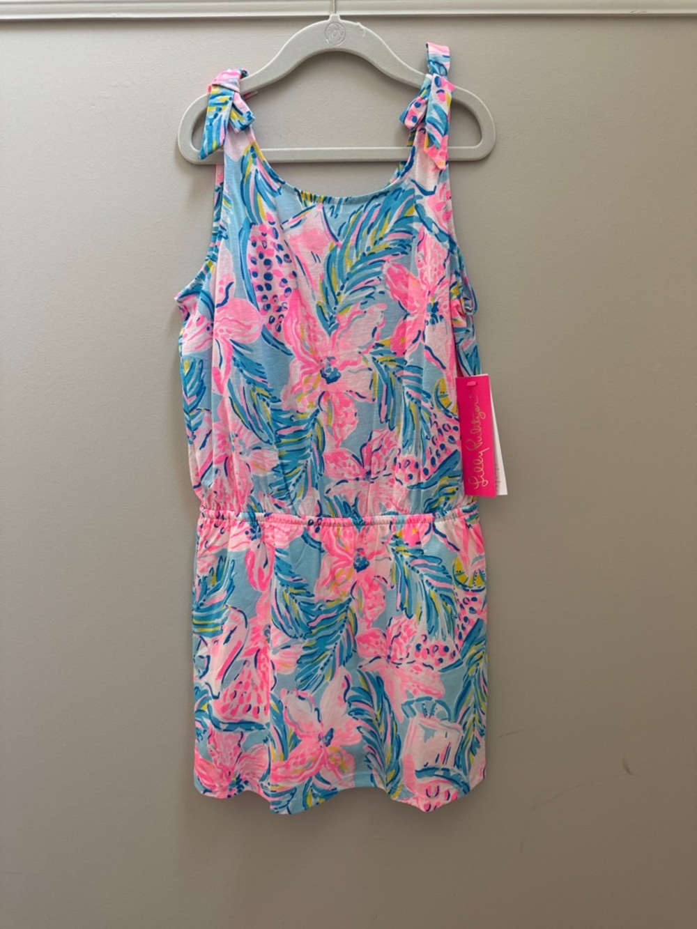 NWT Girls Lilly Pulitzer Girls Pink Blue Tropical Floral Tie-Shoulder Dress Sz L